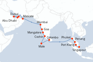 Carte itinéraire croisière  - 22 jours au départ de Singapour - Moyen-Orient Dubaï