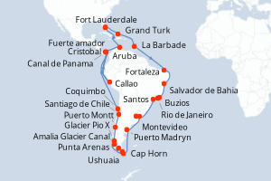 Carte itinéraire croisière - 56 jours au départ de Fort Lauderdale - Caraïbes Bahamas