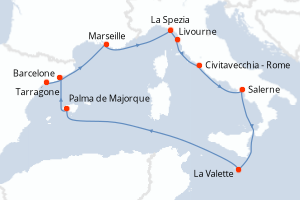 Carte itinéraire croisière  - 9 jours au départ de Tarragone - Méditerranée