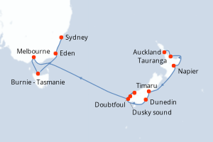 Carte itinéraire croisière - 12 jours au départ de Auckland - Australie Nouvelle Zélande