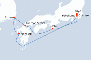 Carte itinéraire croisière - 7 jours au départ de Yokohama - Asie