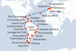 Carte itinéraire croisière - 90 jours au départ de Hambourg - Europe du Nord