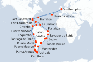 Carte itinéraire croisière - 82 jours au départ de Southampton - Europe du Nord