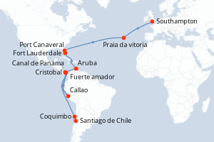 Carte itinéraire croisière - 33 jours au départ de Santiago du Chili - Transatlantique