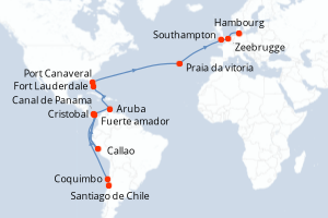 Carte itinéraire croisière - 36 jours au départ de Santiago du Chili - Transatlantique