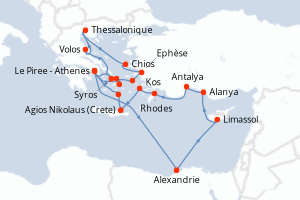 Carte itinéraire croisière  - 21 jours au départ de Le Piree - Athenes - Méditerranée