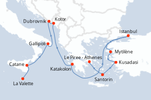 Carte itinéraire croisière  - 12 jours au départ de La Valette - Méditerranée