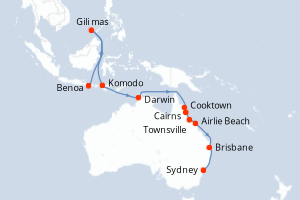 Carte itinéraire croisière  - 16 jours au départ de Benoa - Australie Nouvelle Zélande
