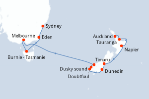 Carte itinéraire croisière - 12 jours au départ de Auckland - Australie Nouvelle Zélande