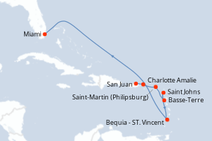 Carte itinéraire croisière - 8 jours au départ de San Juan - Caraïbes Bahamas