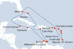 Carte itinéraire croisière  - 20 jours au départ de San Juan - Caraïbes Bahamas