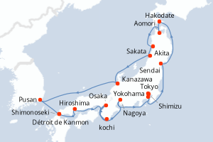 Carte itinéraire croisière - 14 jours au départ de Tokyo - Asie