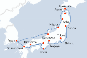 Carte itinéraire croisière  - 14 jours au départ de Tokyo - Asie