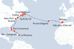 Carte itinéraire croisière - 24 jours au départ de Malaga - Transatlantique