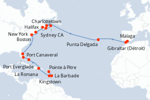 Carte itinéraire croisière - 28 jours au départ de Malaga - Transatlantique