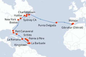 Carte itinéraire croisière - 31 jours au départ de Malaga - Transatlantique