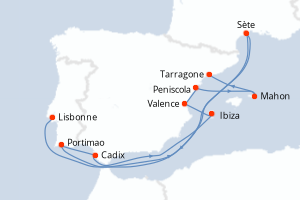 Carte itinéraire croisière - 9 jours au départ de Lisbonne - Méditerranée