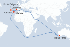 Carte itinéraire croisière - 8 jours au départ de Ponta Delgada - Atlantique