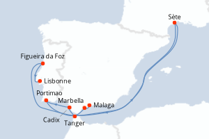 Carte itinéraire croisière - 7 jours au départ de Malaga - Atlantique