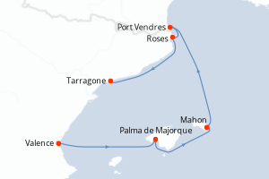 Carte itinéraire croisière - 5 jours au départ de Valence - Méditerranée