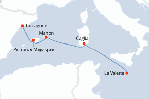 Carte itinéraire croisière - 5 jours au départ de La Valette - Méditerranée
