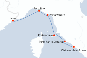 Carte itinéraire croisière - 5 jours au départ de Civitavecchia - Rome - Méditerranée