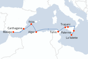 Carte itinéraire croisière - 9 jours au départ de Malaga - Méditerranée