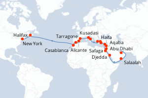 Carte itinéraire croisière - 37 jours au départ de Abu Dhabi - Amérique du Nord