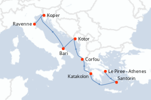 Carte itinéraire croisière - 7 jours au départ de Le Piree - Athenes - Méditerranée