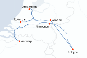 Carte itinéraire croisière - 8 jours au départ de Cologne - Rhin Main Moselle