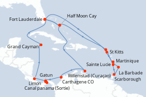 Carte itinéraire croisière - 24 jours au départ de Fort Lauderdale - Caraïbes Bahamas