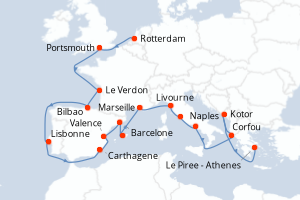 Carte itinéraire croisière - 21 jours au départ de Rotterdam - Méditerranée