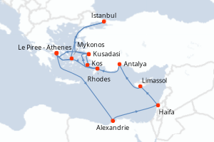 Carte itinéraire croisière - 21 jours au départ de Le Piree - Athenes - Méditerranée