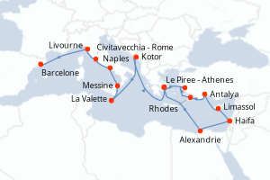 Carte itinéraire croisière - 21 jours au départ de Le Piree - Athenes - Méditerranée