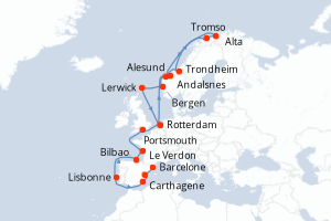 Carte itinéraire croisière - 24 jours au départ de Rotterdam - Méditerranée