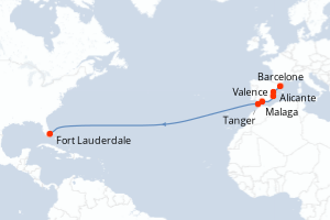 Carte itinéraire croisière - 14 jours au départ de Barcelone - Transatlantique