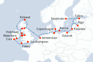 Carte itinéraire croisière  - 24 jours au départ de Southampton - Europe du Nord