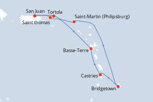 Carte itinéraire croisière - 7 jours au départ de San Juan - Caraïbes Bahamas