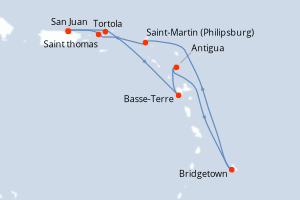 Carte itinéraire croisière - 7 jours au départ de San Juan - Caraïbes Bahamas