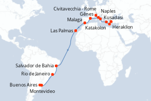 Carte itinéraire croisière - 25 jours au départ de Kusadasi - Transatlantique