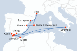 Carte itinéraire croisière - 14 jours au départ de Tarragone - Méditerranée