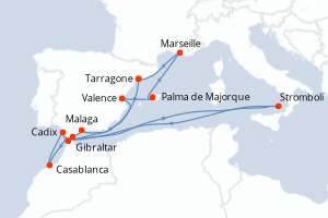 Carte itinéraire croisière - 14 jours au départ de Tarragone - Méditerranée