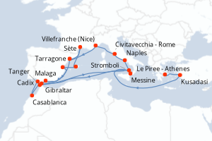 Carte itinéraire croisière - 22 jours au départ de Le Piree - Athenes - Méditerranée
