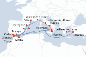 Carte itinéraire croisière - 22 jours au départ de Le Piree - Athenes - Méditerranée
