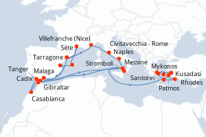 Carte itinéraire croisière - 26 jours au départ de Mykonos - Méditerranée