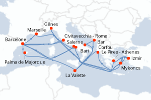 Carte itinéraire croisière - 10 jours au départ de Civitavecchia - Rome - Méditerranée