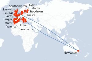 Carte itinéraire croisière - 66 jours au départ de Trieste - Tour du Monde