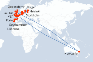 Carte itinéraire croisière  - 43 jours au départ de Lisbonne - Europe du Nord