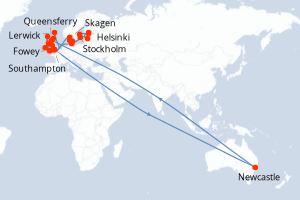 Carte itinéraire croisière  - 26 jours au départ de Southampton - Europe du Nord