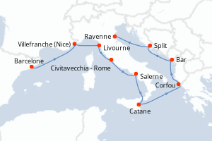 Carte itinéraire croisière  - 9 jours au départ de Barcelone - Méditerranée